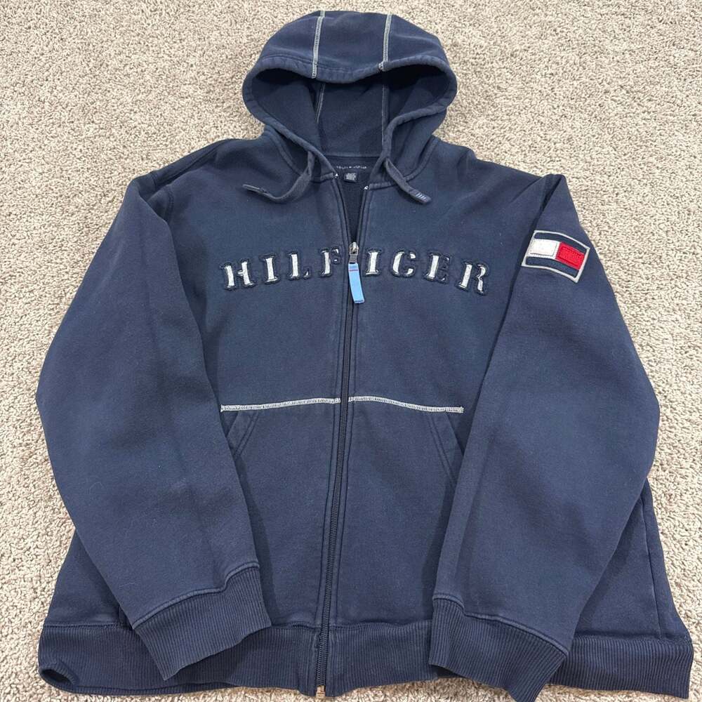 Vintage Tommy Hilfiger Spellout Zip Hoodie Mens XL Navy Sleeve Flag Patch EUC